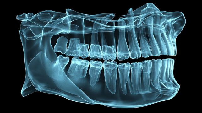 "3D render of a jaw X-ray showing mesial impaction of a wisdom tooth. This concept highlights various types of wisdom teeth issues."






