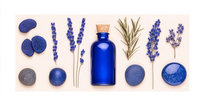 Cobalt blue objects arranged artistically on a sand-colored background for a minimalistic and abstract display