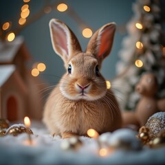 Cute rabbit on golden blurred background with bokeh effect and copy space. New Year, Christmas card with pet.