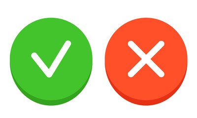 Check mark and cross icon. Green and red flat buttons with a white check mark and a cross. Vector clipart isolated on white background.