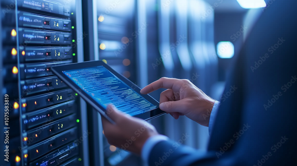 Poster it technician inspecting server cables and equipment in a data center, using a tablet for diagnostic