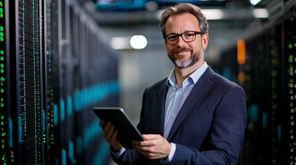 A network engineer checks connections in a server room, referencing real-time data on a tablet. Ideal for content about IT support, data security, and cloud infrastructure in moder