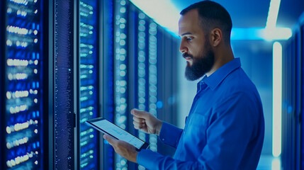 IT technician inspecting server cables and equipment in a data center, using a tablet for diagnostics and system monitoring. Perfect for visuals on network management, data centers
