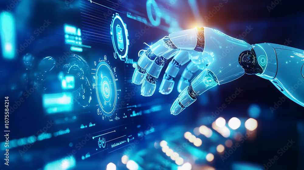 Aufkleber robotic arms operating in a smart factory environment, with digital icons representing automation, a