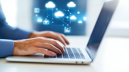 Close-up of a person using a laptop with floating icons representing AI, cloud computing, and data analytics, highlighting the importance of smart technology in modern work environ