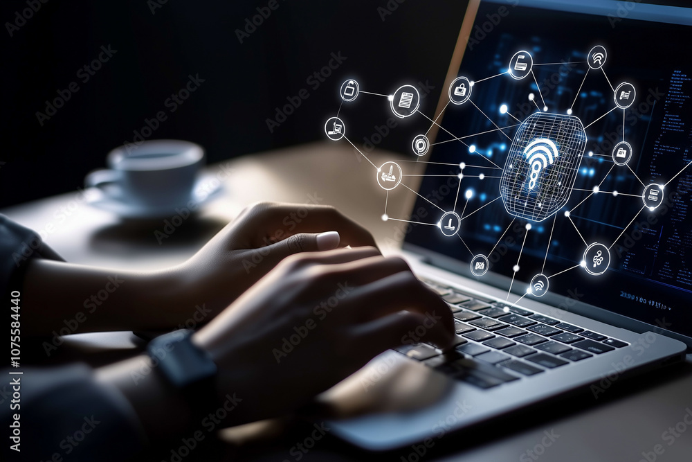 Aufkleber hands typing on a laptop with ai icons connected around the screen, symbolizing the integration of a