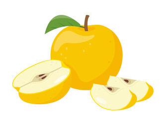 Yellow fresh whole apple fruit, half and pieces. Organic apple fruit for juice, smoothie or vitamin C healthy food. Vector icon illustration isolated on white background.
