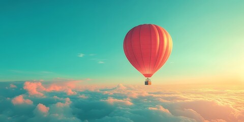 Fototapeta premium A Vibrant Red Hot Air Balloon Floats Gracefully Above Fluffy Clouds During a Breathtaking Sunrise in the Early Morning Sky