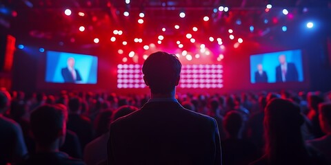 Audience at a Vibrant Concert in a Large Venue, Captivated by Performers on Stage Under Colorful Lights During a Late Evening Event