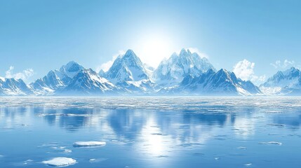Snowy mountain range reflected in a frozen lake under a bright blue sky.