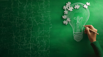 The image features a hand drawing a lightbulb on a bright green background, with white puzzle pieces forming the top part of the lightbulb. This design symbolizes innovation, problem solving