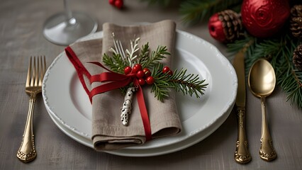 Traditional Christmas Table with Red Napkin, Pine Cones, and Candlelit Ambiance for a Warm Holiday Gathering, Christmas dinner concept. Christmas plate on the table. Festive Xmas background