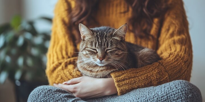 A Cozy Afternoon With a Tabby Cat Resting in a Person's Lap During a Peaceful Indoor Setting With Natural Light and Houseplants