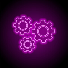 Gears simple icon vector. Flat design. Purple neon on black background