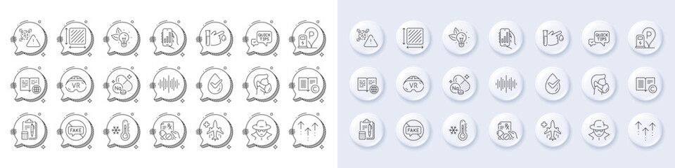 Swipe up, Medical flight and Quick tips line icons. White pin 3d buttons, chat bubbles icons. Pack of Accounting, Sound wave, Medical mask icon. Blood donation, Qr code, Fraud pictogram. Vector