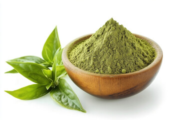 Natural green powder in a wooden bowl next to fresh leaves on a white background showcasing its vibrant color and texture. Generative AI