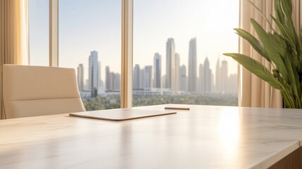 Obraz na płótnie Canvas Modern office desk with tablet and pen overlooking the dubai skyline at sunrise, embodying success and opportunity