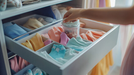 Fototapeta premium An unidentified, neat housewife carefully places a container filled with socks and pantyhose onto a wardrobe drawer during a general cleaning session, utilizing a modern storage system