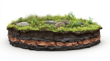 Realistic 3D illustration of a round soil ground cross section with earth land, green grass, rocks, and more, isolated on a white background.