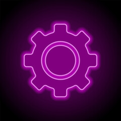 Gear simple icon vector. Flat design. Purple neon on black background