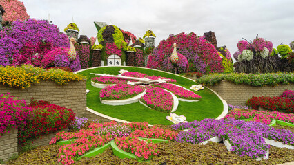 Decorative composition in form of clocks, peacocks and fairy-tale houses made of live pink, purple and red petunia flowers in miracle garden in Dubai, United Arab Emirates