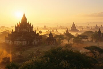Fototapeta premium Burma: Temple Pagodas in Bagan, Myanmar at Sunrise. Ancient Asian Landscape