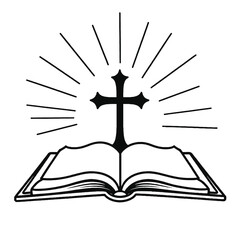 A black cross on an open book with rays of light emanating from behind it, representing a religious or spiritual symbol