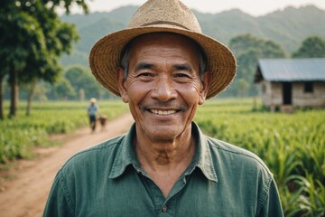 Fototapeta premium Close portrait of a smiling senior Thai male farmer standing and looking at the camera, outdoors Thai rural blurred background