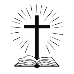A black cross on an open book with rays of light emanating from behind it, representing a religious or spiritual symbol
