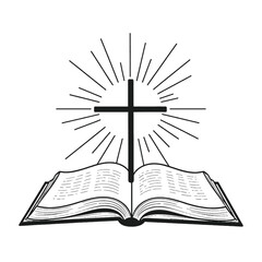 A black cross on an open book with rays of light emanating from behind it, representing a religious or spiritual symbol