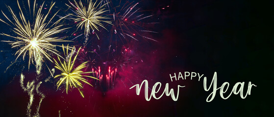 Sylvester, new year, new year's eve  2023 background banner  - Golden firework fireworks pyrotechnics on dark black night sky