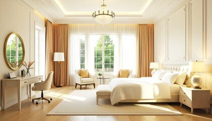 Fototapeta premium a bedroom with a large window and a bed with a lamp on it