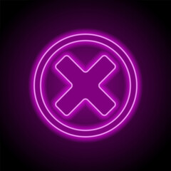Delete, cross simple icon. Flat design. Purple neon on black background