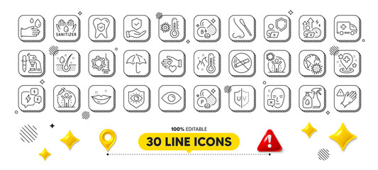 Eye, Vaccine protection and Vitamin b6 line icons pack. 3d design elements. Lips, Coronavirus vaccine, Thermometer web icon. Cleaning liquids, Serum oil, Stress pictogram. Vector