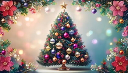  Colorful holiday greeting card features a beautiful Christmas tree against a backdrop of fe_1(1050)