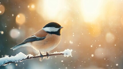 Naklejka premium Tranquil winter scene with a small bird resting on a snow-covered branch during a golden hour snowfall