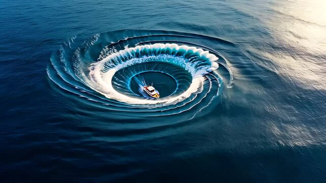Boat Creating Circular Wake in Blue Ocean