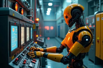 Robotic Technician. A humanoid robot works at a control panel in a futuristic factory.