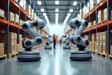 Cobots in warehouse. Modern cobots positioned in a warehouse aisle, symbolizing automation in logistics and inventory.