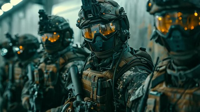 Squad of futuristic soldiers with advanced gear. Armed forces with future eqipment. War operation, military conflict, modern warfare, special ops. SWAT, special forces