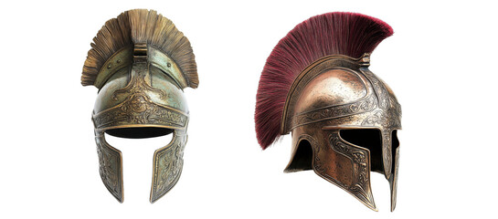 Ornate Spartan and Roman helmets with plumes, showcasing the elegance of ancient armor
