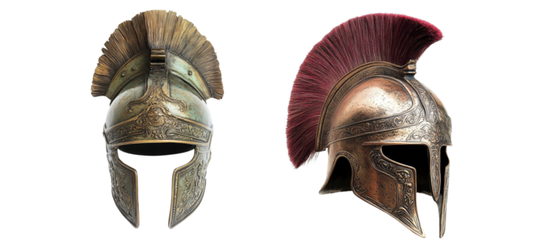 Ornate Spartan and Roman helmets with plumes, showcasing the elegance of ancient armor