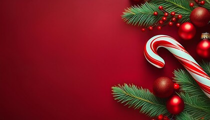  Colorful Christmas scene featuring a candy cane, pine branches and red ornaments on a flat _1(1042)