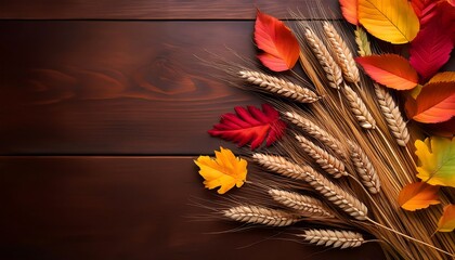  Colored leaves and wheat on a brown tabletop, set against an autumnal backdrop in flat lay _1(1019)