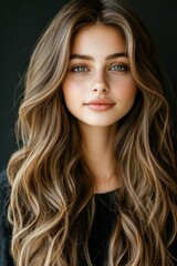 Naklejka premium Young woman with wavy hair and bright eyes poses on dark background