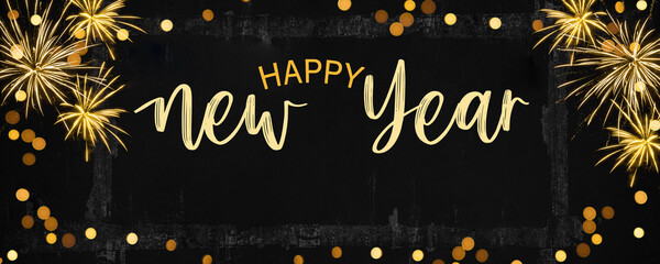 Happy New Year 2024, Silvester New Year's Eve firework party celebration holiday greeting card - Gold year date on golden fireworks, dark night background