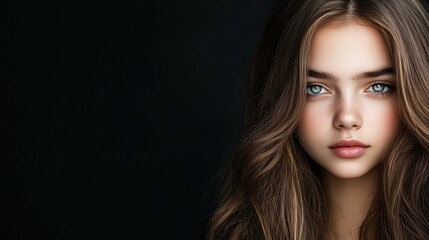 Fototapeta premium Young girl with long hair and striking blue eyes against a dark background