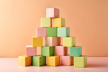 Fototapeta premium A colorful arrangement of stacked blocks against a pastel background creates a playful and vibrant visual.