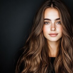 Naklejka premium Portrait of a young woman with long, wavy hair against a dark background