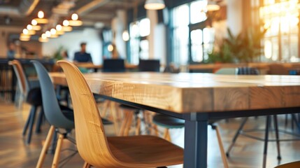 A large wooden communal table with mismatched chairs serves as a central gathering spot for networking and collaboration.